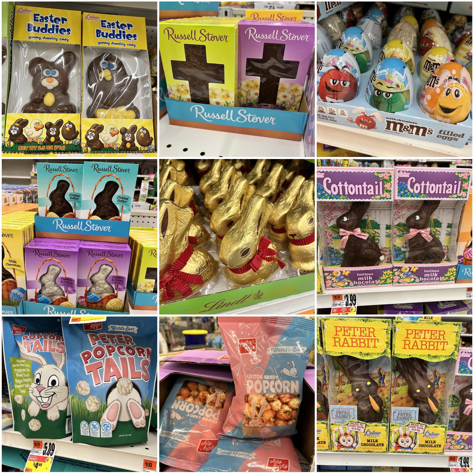 Easter candy: EASTER BUDDIES YUMMY CHOCOLATE CANDY bunny and chick, RUSSELL STOVER crosses, M&Ms FILLED EGGS large plastic eggs wrapped with images of the M&Ms mascots, RUSSELL STOVER easter bunnies in peanut butter and cookies & cream varieties, gold foil-wrapped LINDT easter bunnies, classic COTTONTAIL HOLLOW MILK CHOCOLATE bunnies, WORLD'S BEST PETER POPCORN TAILS popcorn balls, KATHY KAYE® COTTON CANDY POPCORN, classic PALMER MAKING CANDY FUN® PETER RABBIT HOLLOW MILK CHOCOLATE bunny, includes THE TALE OF PETER RABBIT BY BEATRIX POTTER