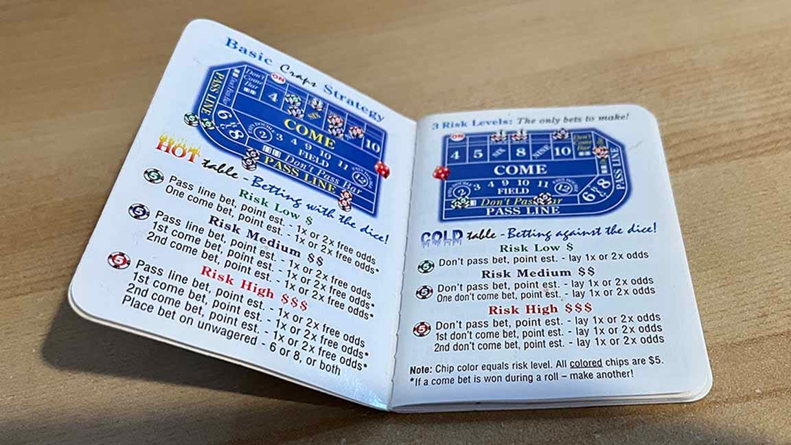 A spread from the book with a picture of a craps table and all the weird bet-words such as COME, PASS LINE, DON'T PASS, FIELD, ack!and numbers