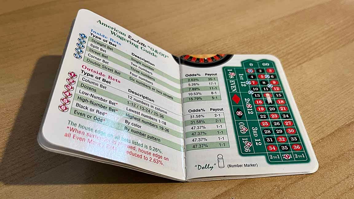 Spread from book with a picture of a roulette table layout and all the numbers, 1 to 36, plus Zero and Double Zero, and ODD, EVEN,  1ST 12, 2ND 12, 3RD 12 