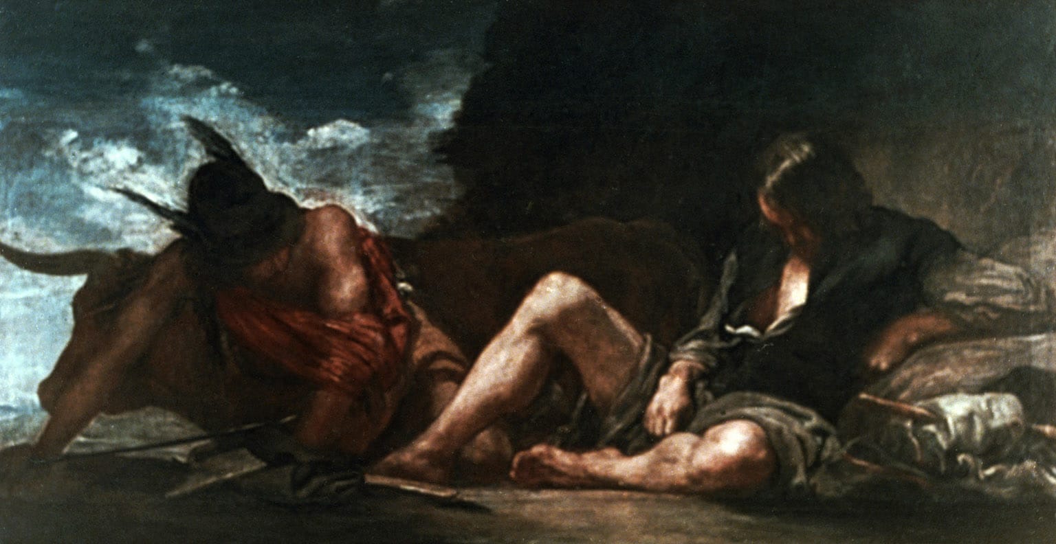 Three figures, a horned cow, Mercury with the wings on his head, and a sleeping man. Lifted from https://www.diego-velazquez.org: According to the myth, Argus was a prince from the Peloponnesian city of Argos who had one hundred eyes. Since fifty of them were open at any given moment, Juno ordered him to stand guard over the young Io, who had been seduced by Jupiter and then changed into a cow. Mercury, sent by Jupiter, lulled Argus to sleep with the sound of his flute, and then he cut off Argus' head (or stoned him to death). Juno scattered the eyes of the slain Argus on the tail of a peacock, after which the bird was devoted to the goddess. 