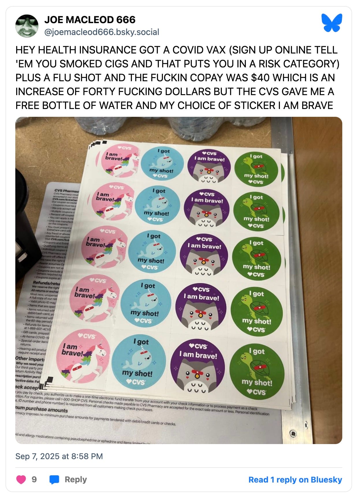 CHOICE OF CVS LOGO STICKERS: UNICORN (PICTURED W/BANDAID ON FLANK) I AM BRAVE, NARWHAL (PICTURED W/BANDAID AT BASE OF TUSK) I GOT MY SHOT, OWL (PICTURED W/BANDAID ABOVE BEAK) I AM BRAVE, TURTLE (PICTURED W/BANDAID ON SHELL) I GOT MY SHOT