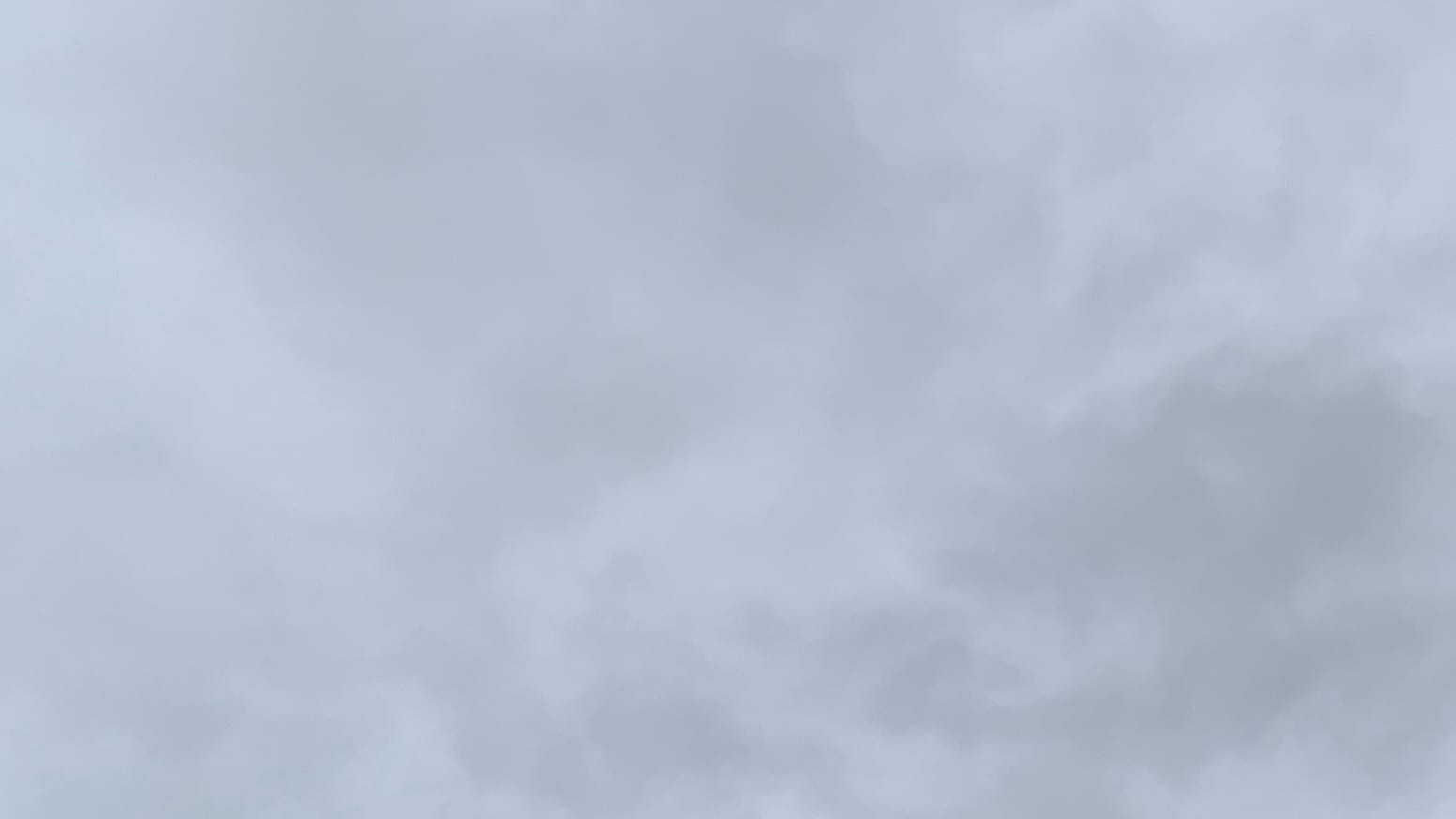 A patch of sky filled with mottled medium-gray clouds, with relatively darker parts toward the right. 