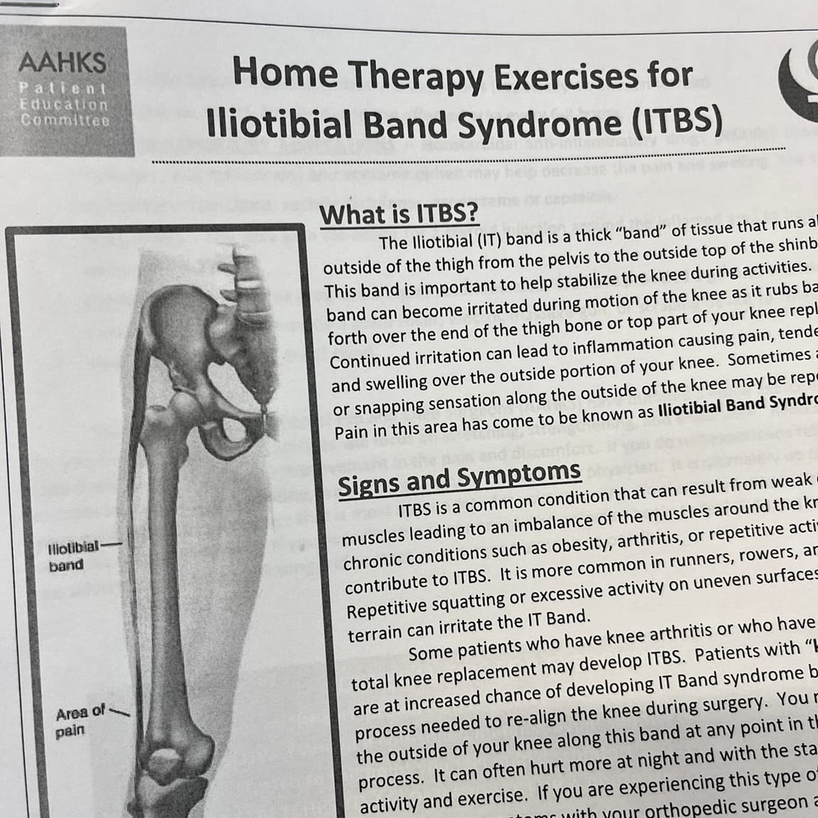What is ITBS? The Iliotibial (IT) band is a thick “band” of tissue that runs along the outside of the thigh from the pelvis to the outside top of the shinbone. This band is important to help stabilize the knee during activities. The IT band can become irritated during motion of the knee as it rubs back and forth over the end of the thigh bone or top part of your knee replacement. Continued irritation can lead to inflammation causing pain, tenderness, and swelling over the outside portion of your knee. Sometimes a popping or snapping sensation along the outside of the knee may be reported. Pain in this area has come to be known as Iliotibial Band Syndrome (ITBS).