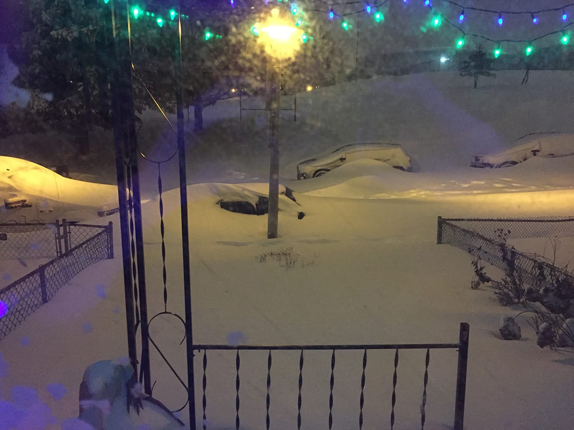 Night time, snow, waist deep.