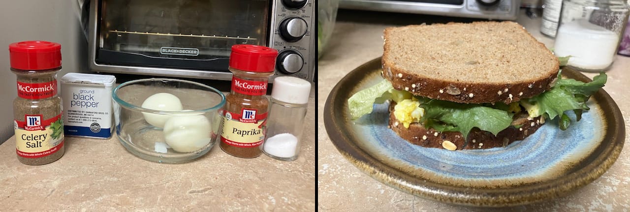 Photos of condiments and the completed sandwich on a lovely dish