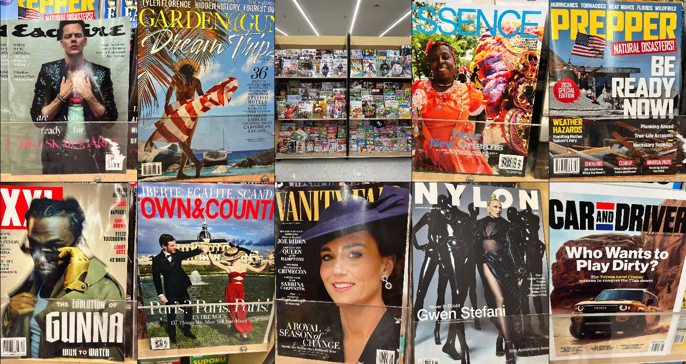 A bunch of magazines and an image of a full rack