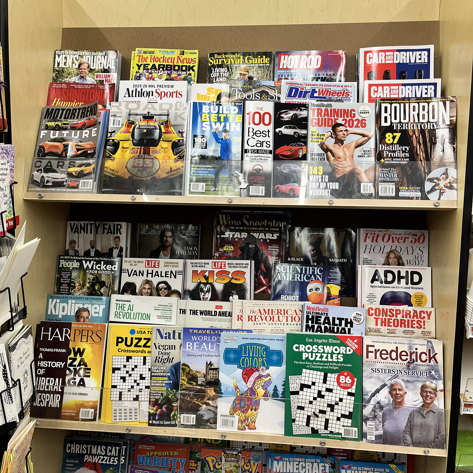 Full rack of magazines at the supermarket