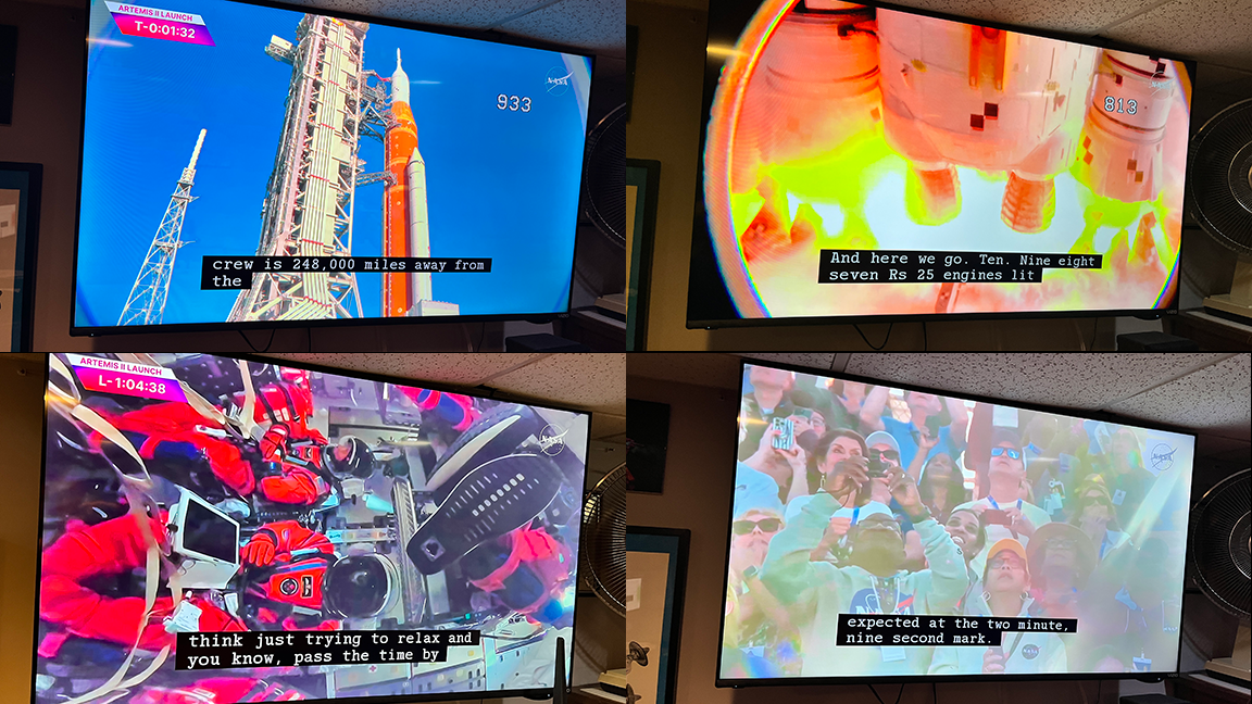 Four images: Craft on the launchpad gantry, crew inside capsule, engines firing on ground, crowd of people watching on site