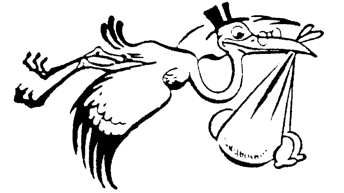 Cartoon of a stork carrying a baby in a cloth bundle