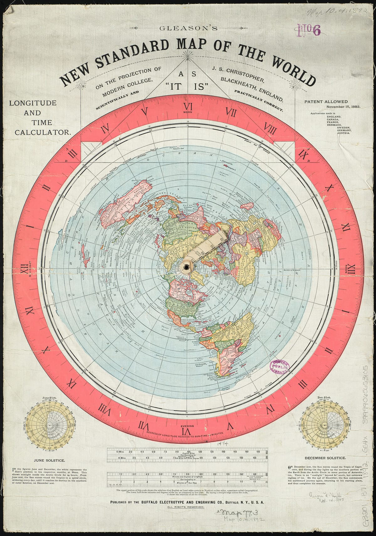 LONGITUDE AND TIME CALCULATOR. GLEASON'S NEW STANDARD MAP OF THE WORLD ON THE PROJECTION OF J. S. CHRISTOPHER, MODERN COLLEGE, BLACKHEATH, ENGLAND. SCIENTIFICALLY AND PRACTICALLY CORRECT.
