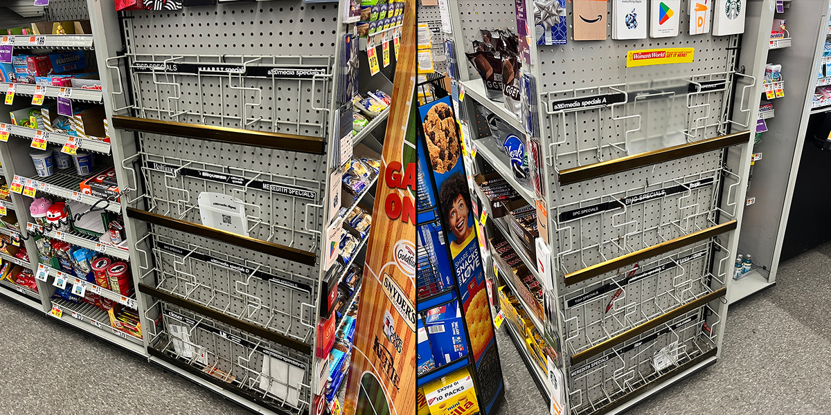 Two shots of empty magazine racks at the checkout