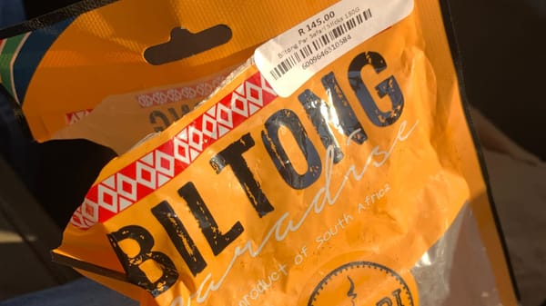 An open bag of BILTONG PARADISE PRODUCT OF SOUTH AFRICA