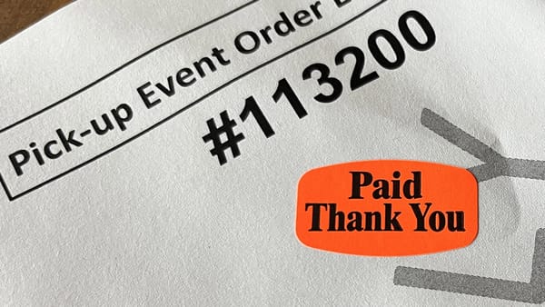 Sticker: PAID THANK YOU on a packing slip for a box of Thanksgiving!